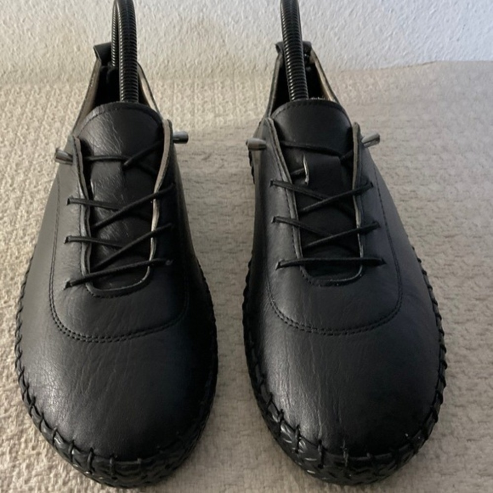 Your Shoes by El Kosh Black Leather Whipstitch Lace Up Flats Womens US 7.5 EU 38